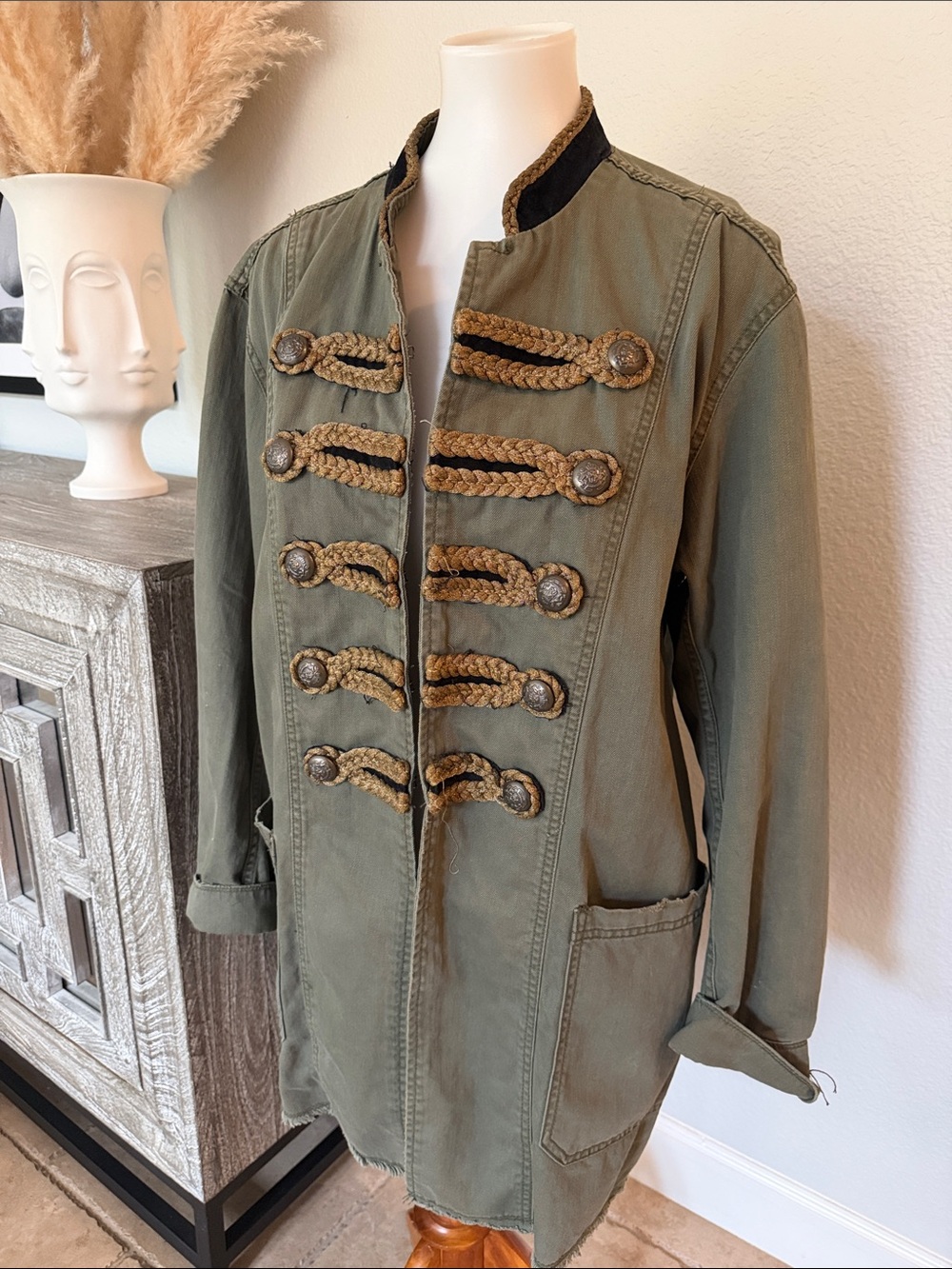 Free People Military-Style Olive Green Women's Coat with Decorative Braid Medium